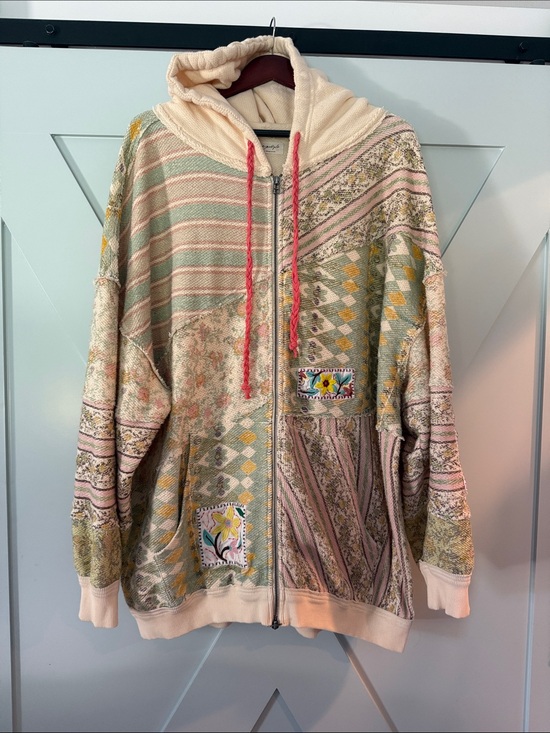Free People Jackets & Blazers - Free People Patchwork Zip-Up Hoodie in Pastel Multi with Coral Drawstrings